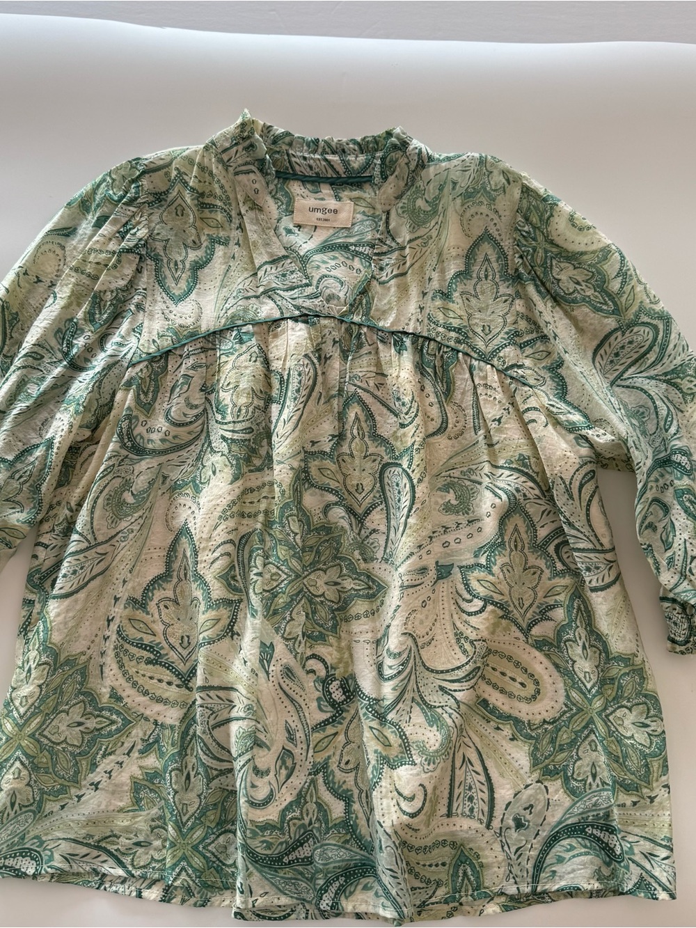 Umgee Green Ivory Paisley Peasant Blouse 3/4 Sleeve Boho Top Medium - Picture 7 of 13